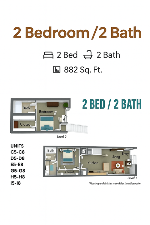 A floor plan for a 2 bedroom/2 bathroom apartment sized at 882 square feet.